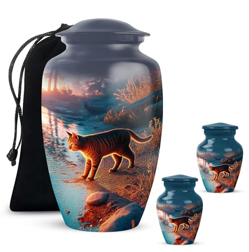 Yatskia Cat on the Sunset Small Funeral Urns for Human Ashes Adult Brother and Sister, Decorative Large Memorial Urn for Ashes Adult Dad, (Classic 10 Inch and 3 Inch) - color: #1 Cat, size: 10 Inch and 3 Inch (Pack of 3)