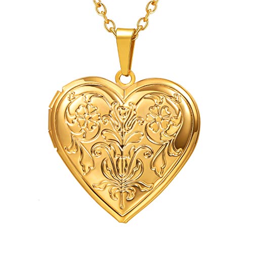 U7 Women Locket Necklace, Heart Photo Lockets Hold Picture, Gift Box Packed | Gold/Silver/Rose Locket Charm, Custom Picture and Engravement Heart Pendant, 20" Chain, Personalized Gift for Mom Wife Friend - color: 02# Gold*Flower Grain