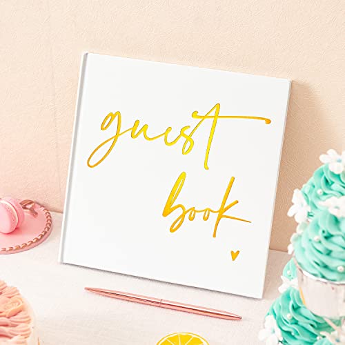 Calculs Wedding Guest Book 8.5" Square for Polaroid Pictures Event Party Guestbook Shower Picture Book Blank Pages Registry, White Cover, Gold Foiled Script - color: White Gold