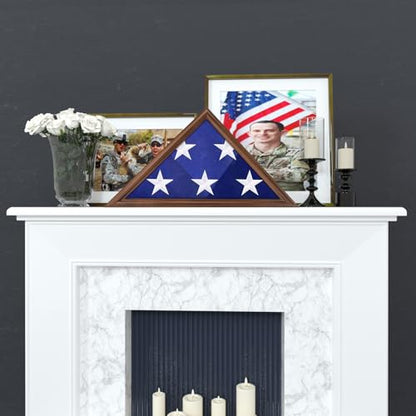 ASmileIndeep Flag Display Case - 5' x 9.5' Funeral & Military Flag Shadow Box with HD Tempered Glass and Wall Mount, Folded Triangle Flag Holder Frame for Veterans, Walnut - size: For 5' x 9.5' Flag-Walnut