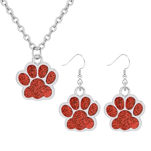 Dreuyet Paw Necklace and Earrings Set for Women Glitter Cute Dog Cat Pet Paw Print Pendant Necklace Earrings Lovely Animal Charm Jewelry Set Gifts - color: Silver Red