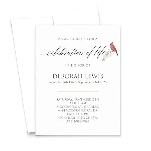 Custom Celebration of Life Invitation Cards and Envelopes, FLAT Cardinal Funeral Cards Personalized, Memorial Service Invitations For Funerals, Cardinals, Your Choice of Quantity and Envelope Color - color: Red Cardinal