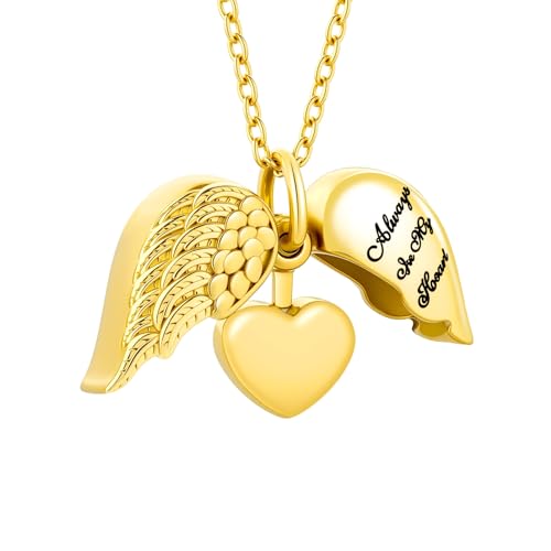 Angel Wing Heart Cremation Jewelry for Ashes Pendant Urn Necklace with Mini Keepsake Urn Memorial Ashes Jewelry for Women Men - color: Gold
