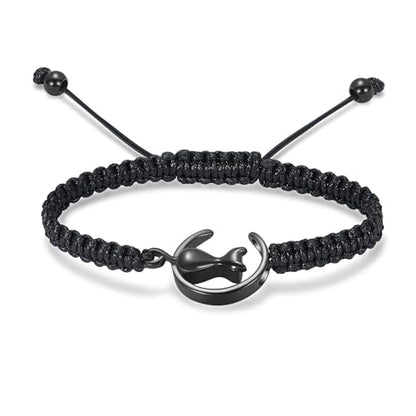 Oinsi Cat Urn Bracelet Cremation Jewelry for Pets Ashes Keepsake Handmade Braided Rope Adjustable Bangle Stainless Steel Urn Bangle Memorial Jewelry - color: A-Black