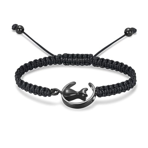 Oinsi Cat Urn Bracelet Cremation Jewelry for Pets Ashes Keepsake Handmade Braided Rope Adjustable Bangle Stainless Steel Urn Bangle Memorial Jewelry - color: A-Black