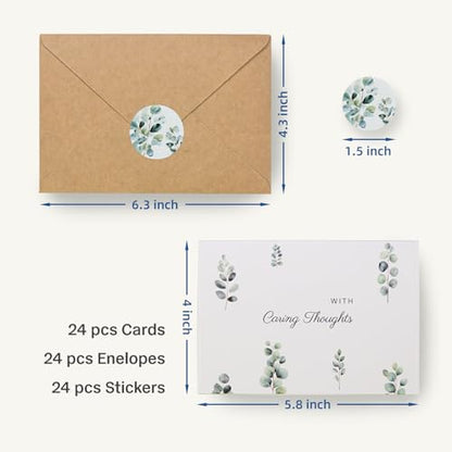 Sympathy Cards with Envelopes, Sympathy Cards, 24 Pack with Thoughtful Messages, 4 Designs Condolences Card Assortment Boxed with Kraft Envelopes, Bereavement Cards Bulk, Greenery Eucalyptus
