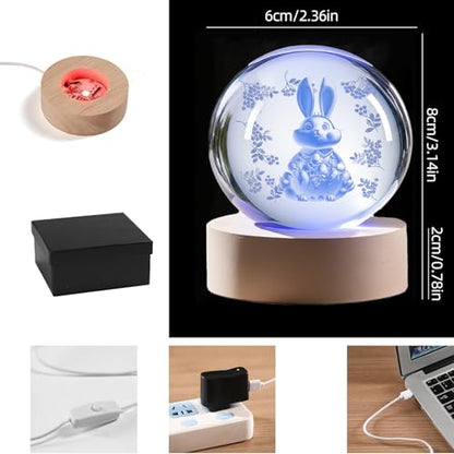 Easter Light up Bunny 3D Crystal Ball 60MM Rabbit Decor Sphere Figurine Collectibles Glass Art Animal Night Light for Kids - size: 2.36"