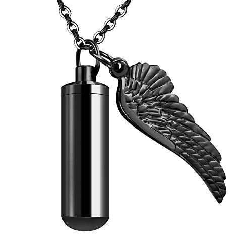 Dletay Cylinder Cremation Urn Necklace for Ashes Memorial Keepsake Pendant with Angel Wing Stainless Steel Remembrance Jewelry - color: Black-M, style: non-engraving