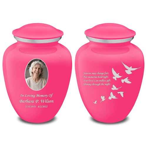 Embrace Adult Personalized Doves Cremation Urns for Human Ashes I Large Picture Bright Pink Funeral Urn for Adult Men and Women with Double Side Engraving I 200 lbs - color: _Bright Pink (Double Sided)