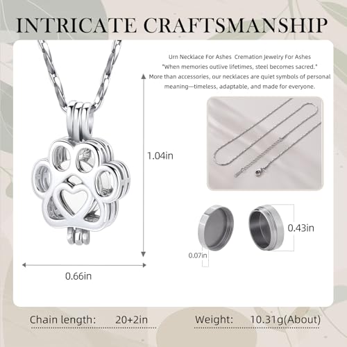 Paw Print Urn Necklace for Pet Ashes Stainless Steel Memorial Locket Cremation Jewelry Dog/Cat Keepsake Pendant with Mini Case Sympathy Gift for Pet Lovers Women Men - color: All Silver