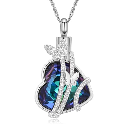 shajwo Butterfly Heart Urn Necklaces Cremation Jewelry for Ashes for Women Men Memorial Human Ashes Pendant - color: Siver-Blue