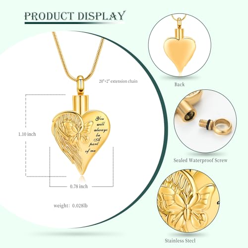 Love Heart Cremation Jewelry Urn Necklaces Butterfly Urn Necklaces for Ashes Memorial Keepsake Pendant for Women Men Gifts With Funnel Kit & Bag - color: Gold