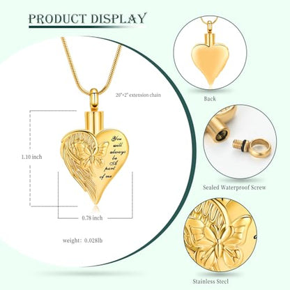 Love Heart Cremation Jewelry Urn Necklaces Butterfly Urn Necklaces for Ashes Memorial Keepsake Pendant for Women Men Gifts With Funnel Kit & Bag - color: Gold