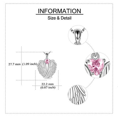 YFN Angel Wings Necklace 925 Sterling Silver Guardian Angel Wings Pendant Necklace Birthstone Necklace for Women Girls Christmas Jewelry Gifts - color: October-Pink