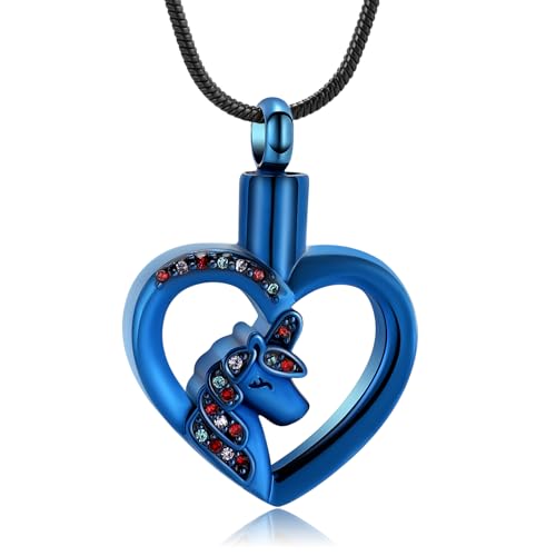 Unicorn Heart Urn Necklace for Ashes Cremation Jewelry for Women Men Stainless Steel Memorial Necklaces Ash Holder for Human Pets Keepsake Jewelry for Loved Ones with Fill Tool - color: Blue