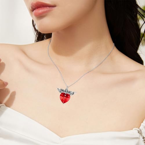 SOULMEET Memorial Wings Necklace for Ashes with Large Heart Crystal Birthstone, Angel Wings Urn Necklaces with Heart Shaped Birthstone Keepsake Silver Cremation Jewelry - style: G-July