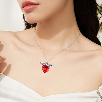 SOULMEET Memorial Wings Necklace for Ashes with Large Heart Crystal Birthstone, Angel Wings Urn Necklaces with Heart Shaped Birthstone Keepsake Silver Cremation Jewelry - style: G-July