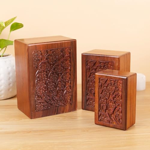 Hashcart Floral Wooden Cremation Urn Set of 3, 16/40/90 Lbs | Sheesham Rosewood, Slide-Open Lid, Velvet Bags, Adult Male Female, Family Sharing