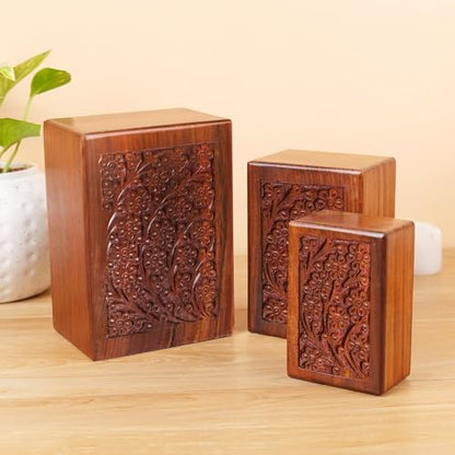 Hashcart Floral Wooden Cremation Urn Set of 3, 16/40/90 Lbs | Sheesham Rosewood, Slide-Open Lid, Velvet Bags, Adult Male Female, Family Sharing