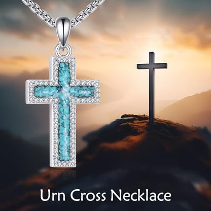 Cremation Urn Necklace for Ashes 925 Sterling Silver Moon Phase/Tree of Life/Hummingbird/Moss Agate/Opal/Compass/Mountain/Butterfly/Turquoise/Sunflower/Dragonfly/Cross Pendant Necklace Cremation Memorial Keepsake Urn Jewelry for Women Men - style: Cross