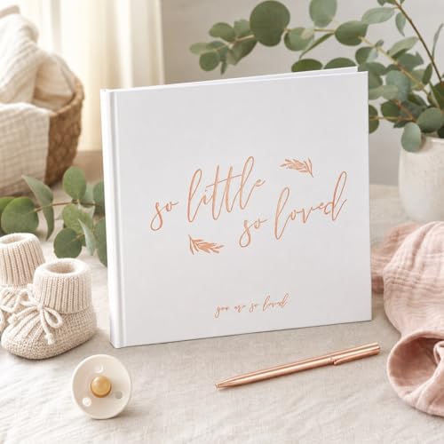 Calculs Baby Shower Picture Book Polaroid 'so little so loved' Party Guest Book Babies Scrapbook, White Cover, Rose Gold Foil Stamping, Blank White Pages - color: White & Rose Gold