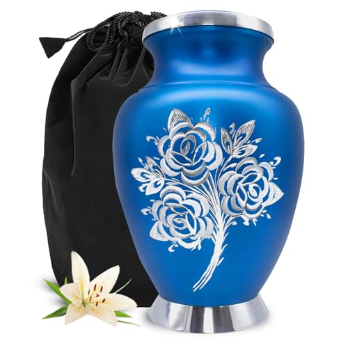 Cremation Urns for Human Ashes Adult | Handcrafted Blue Rose Memorial Urn with Secure Threaded Lid | Elegant Large Funeral Urn for Men & Women, 200 Cubic Inches Capacity - color: Blue, size: Large