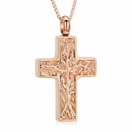 XSMZB Cross Urn Necklace for Ashes for Women Men Tree of Life Cross Cremation Jewelry Keepsake Pendant for Ashes of Loved One - color: Rose Gold