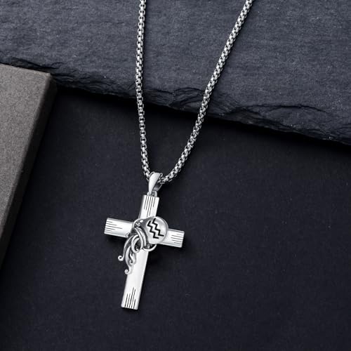 PROESS Cross Necklace for Women Men Sterling Silver Rose/Sunflower Cross Pendant Religious Jewelry Christmas Birthday Mothers' Day Gifts - color: 01-07-Aquarius