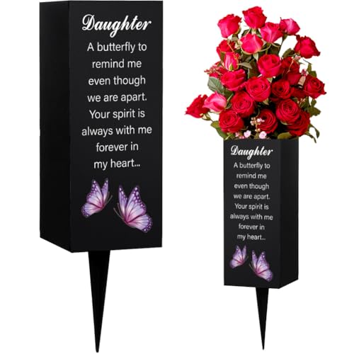 WEBEEDY Daughter Memorial Cemetery Vases Grave Flower Holder with Spike Butterfly Pattern Grave Decorations for Cemetery Garden Funeral Memorial Sympathy Gift for Loss of Daughter, 3.1x7.9 Inch,1 pc