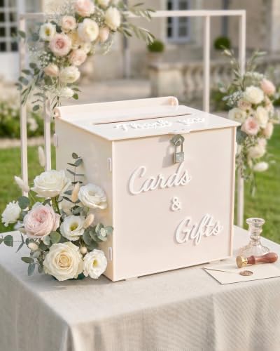 Cream Beige Acrylic Wedding Card Box with Lock, 10" Card Holder with Slot | Card Box for Reception, Bridal & Baby Shower, Birthday, Graduation Party, Decorative Keepsake Gift Box, 3D Sign, 10*10*8 inch - color: Cream Beige