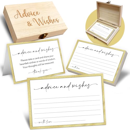 Advice and Wishes Cards Box – 50 Pcs Minimalist Well Wishes & Wedding Advice Cards for Bride & Groom, Baby Shower, Birthday, Graduation, Wedding Reception, Retirement -A09 - color: Minimalism, size: Set with Wooden Box