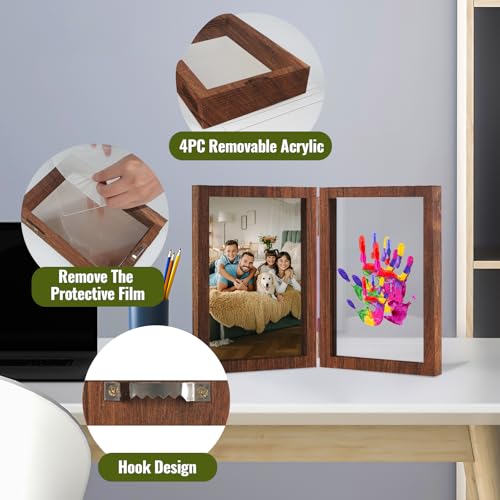 Family Handprint Kit, DIY Baby Hand and Footprint Handmade Keepsake Wooden Frame, Family Gifts with 5 Non-Toxic Baby-Safe Paint, Ideas Gift for New Parents Couple Friends - color: Brown, size: 4 Pages Acrylic Boards