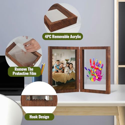 Family Handprint Kit, DIY Baby Hand and Footprint Handmade Keepsake Wooden Frame, Family Gifts with 5 Non-Toxic Baby-Safe Paint, Ideas Gift for New Parents Couple Friends - color: Brown, size: 4 Pages Acrylic Boards