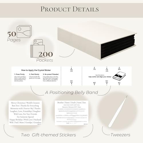 Vienrose 4x6 Gift Photo Album 200 Pockets DIY Cover Tweezers Beige | fabric cover, acid free pages, gifting themed crystal stickers, tweezers, friends wedding gift, photo book - color: Gift Edition, size: 200 Pockets
