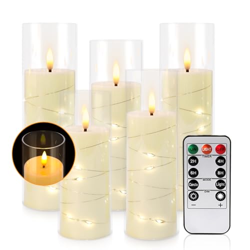 Pack of 5 (D2.2 X H 5" 6" 7") Ivory Flickering Flameless Candles Battery Operated with Remote, LED Pillar Candles with Realistic Moving Wick for Halloween, Christmas, Home Decor. - color: 5Pcs-Strip Light String