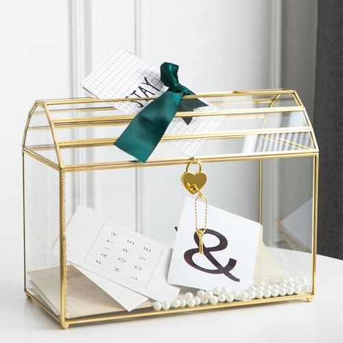 Wedding Card Box with Slot, 12.2'' Large Glass Card Boxes for Reception, Gold Cards Holder, Clear Decorative Storage Box with Lock for Baby Shower, Birthday Party, Christmas, Bridal Shower - color: Gold 10.2'' with lid