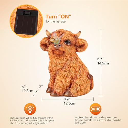 Highland Cow Solar Powered Outdoor Garden Statue, with Light Lantern - style: Sitting cow 5.7in