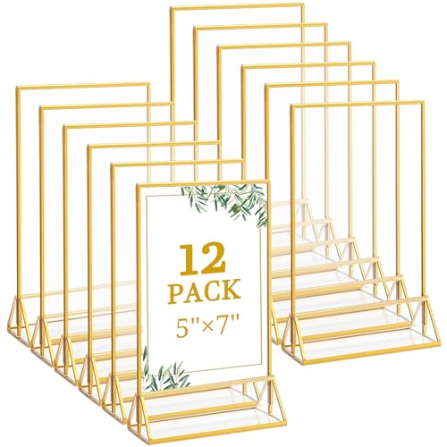 12 Pack 5x7 Inch Clear Acrylic Sign Holders, Double-Sided Gold Display Stand Picture Frames for Table Numbers, Menus, Flyers, Weddings, and Offices - color: Gold, size: 5" x 7"- 12 Pack