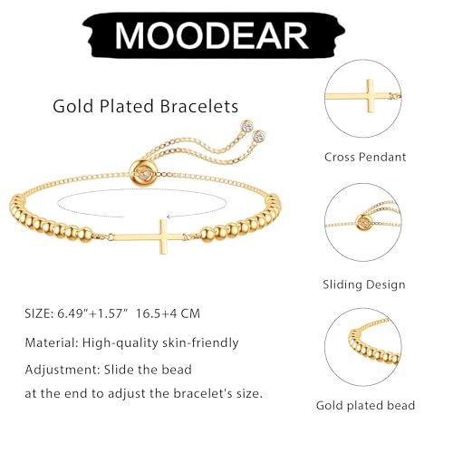 Moodear Cross Bracelet for Women, Dainty Sterling Silver/Gold Plated Gift | Christian Religious Gifts for Teen, Stocking Stuffers, Adjustable Link Bracelets, Sparkling CZ Cross, Non Tarnish Jewelry - color: Bead Gold Cross Bracelet