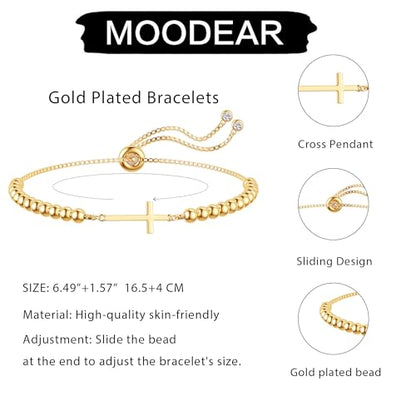 Moodear Cross Bracelet for Women, Dainty Sterling Silver/Gold Plated Gift | Christian Religious Gifts for Teen, Stocking Stuffers, Adjustable Link Bracelets, Sparkling CZ Cross, Non Tarnish Jewelry - color: Bead Gold Cross Bracelet