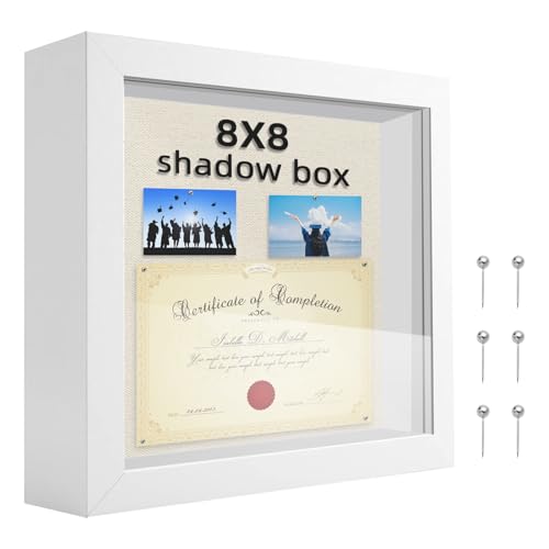 8x8 Shadow Box Frame, 1.2in Deep Keepsake Display Case, Linen Foam Back + 6 Push Pins, Thick Acrylic Front / Protective Film, Wall/Tabletop, for Flowers Tickets Medals Pet Memorial, White - color: White, size: 8x8