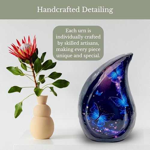 Teardrop Cremation Urn for Human Ashes, Hand Painted Blue Butterfly Galaxy Design, 6 Inch, with Velvet Bag