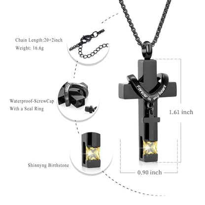 Oinsi Black Cross Urn Necklace For Ashes Of Loved Ones With Birthstone Always In My Heart Cremation Jewelry Keepsake Pendant Women Men - color: Yellow Sone