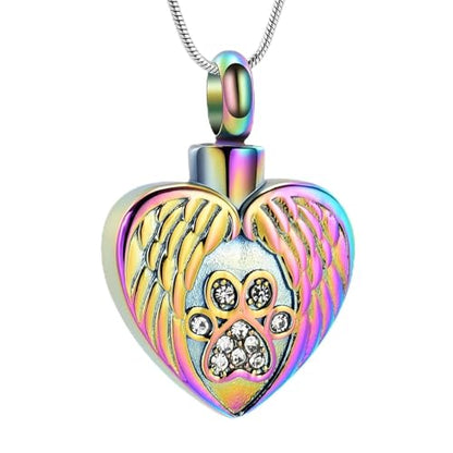 Heart Paw Print Urn Necklace for Ashes for Pet Stainless Steel Pendant - color: Colorful