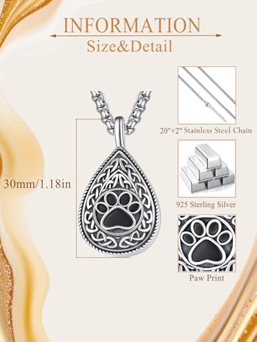 Pet Cremation Urn Necklace for Dog Cat Ashes 925 Sterling Silver Paw Print Keepsake Pendant Celtic Knot Memorial Jewelry for Women Men - style: 00D-Teardrop Urn-(Silver)