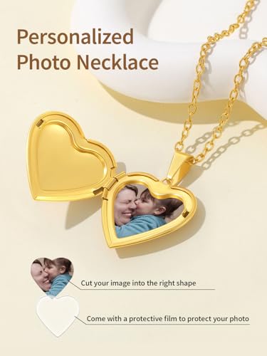 FindChic Locket Necklace for Women Custom Photo Memorial Gifts Multi-Shaped | Silver/Black/Rose Gold/Gold Plated Personalized Gifts for Loved Ones, Birthday Valentine's Day Keepsake - color: Gold- Polished Heart