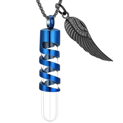 Oinsi Clear Glass Tube Cremation Urn Jewelry Ashes Holder Necklace Keepsake Memorial Pendant Including Box/Fill Kits - color: Blue (Angel wing)