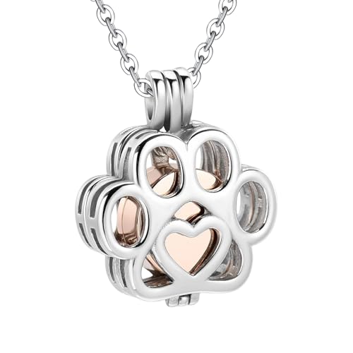 Pet Keepsake Necklace, Paw Print Pendant for Fur or Tiny Mementos, Stainless Steel Pet Remembrance Jewelry Gift for Dog and Cat Lovers - color: rose gold
