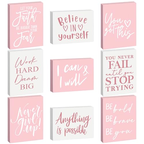 Rossesay 9 Pcs Mini Inspirational Wooden Signs for Desk Table,Pink - color: Pink