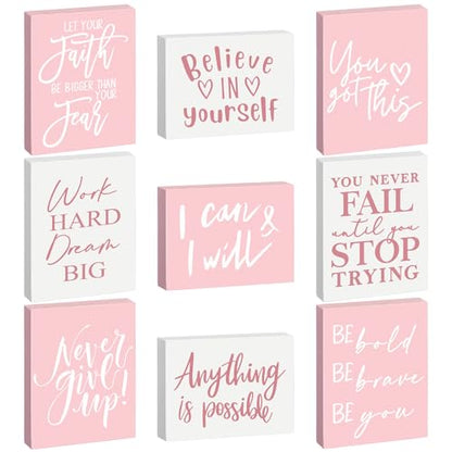 Rossesay 9 Pcs Mini Inspirational Wooden Signs for Desk Table,Pink - color: Pink